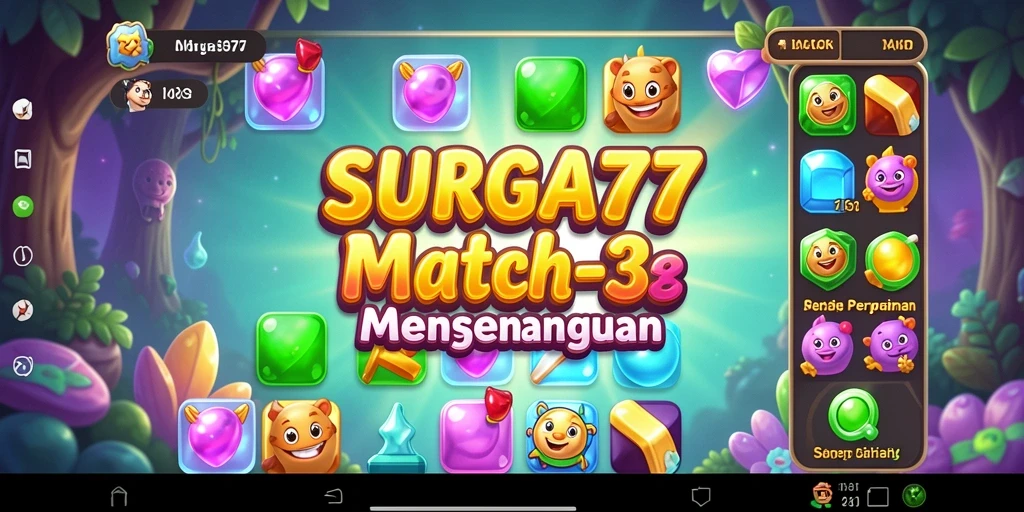 Tampilan gameplay SURGA77 dengan warna-warni permata dalam taruhan Match-3.